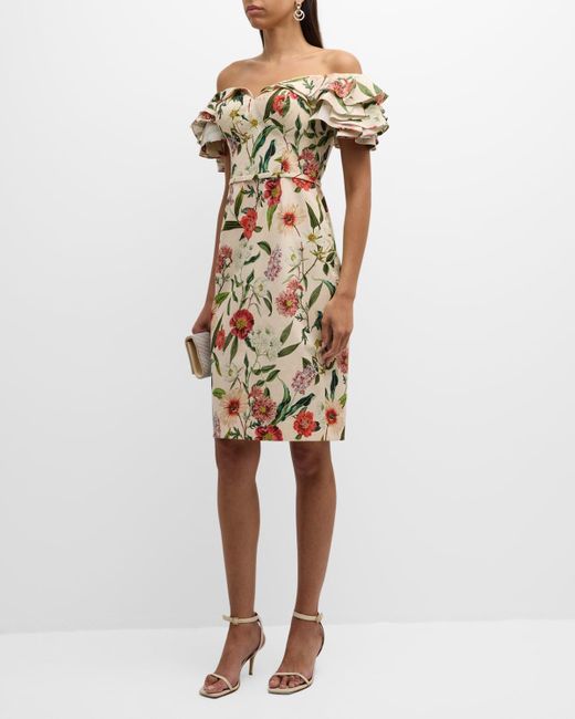 Teri Jon White Floral-Print Off-Shoulder Stretch Cotton Dress