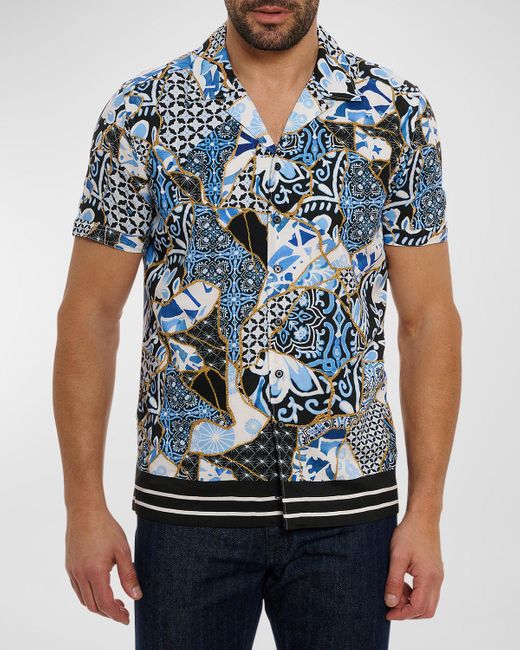 Robert Graham Blue Kintsugi Patchwork Short-Sleeve Shirt for men