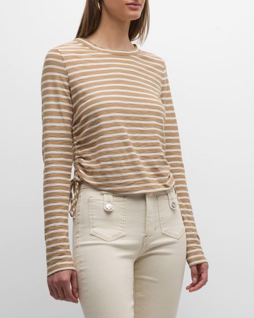 Veronica Beard Natural Travis Striped Long-sleeve Side-ruched Top
