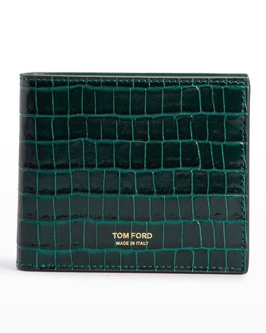 Tom Ford Green Croc-printed Leather T-line Bifold Wallet for men