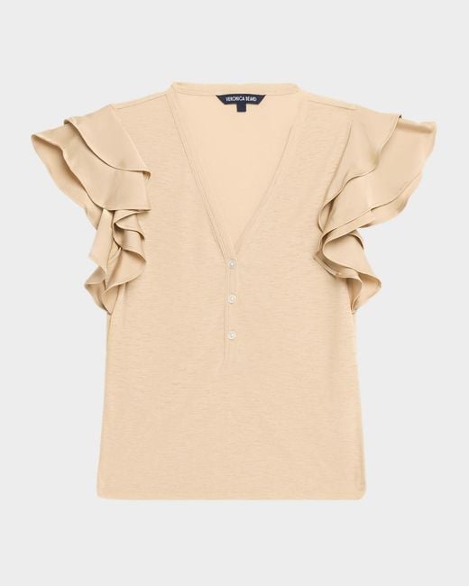 Veronica Beard Natural Aphrodite Flutter-Sleeve Top