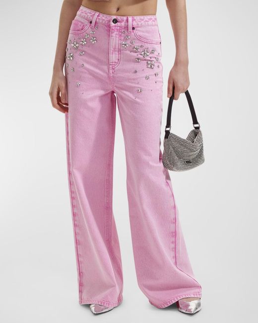 Self-Portrait Pink Embellished Wide-Leg Denim Jeans