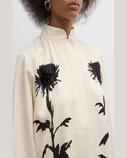 Oroton Natural Beaded Graphic Floral-Print Midi Dress