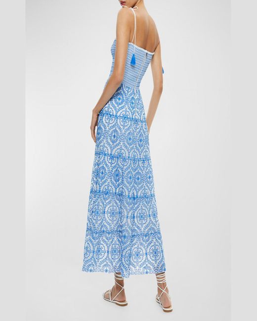 Alice + Olivia Blue Marna Embroidered Tiered Tie-Strap Maxi Dress