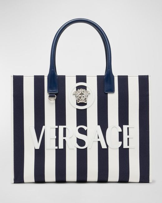 Versace White La Medusa Striped Canvas Tote Bag