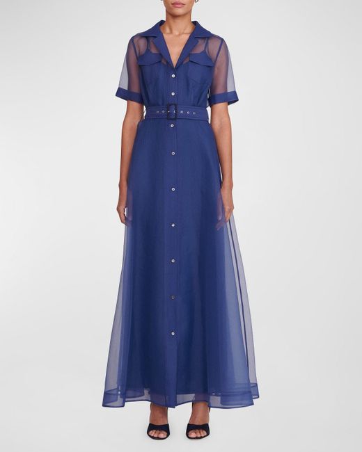 Staud Blue Millie Organza Short-Sleeve Belted Maxi Shirtdress