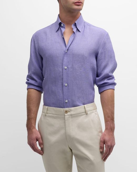 Brioni Blue Solid Linen Sport Shirt for men