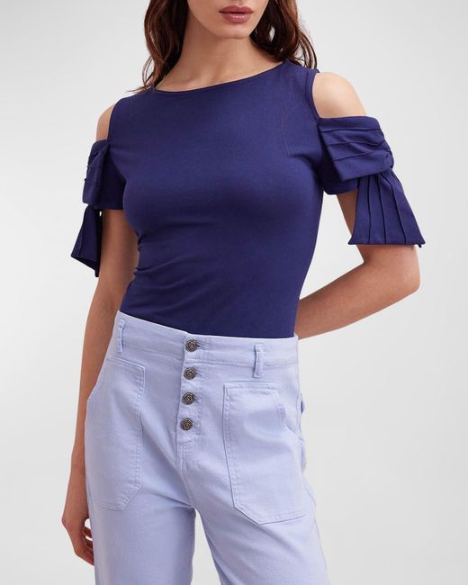 Anne Fontaine Blue Myrtille Cold-shoulder Bow T-shirt