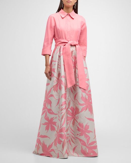 Teri Jon Pink Floral Jacquard Taffeta Shirt Gown