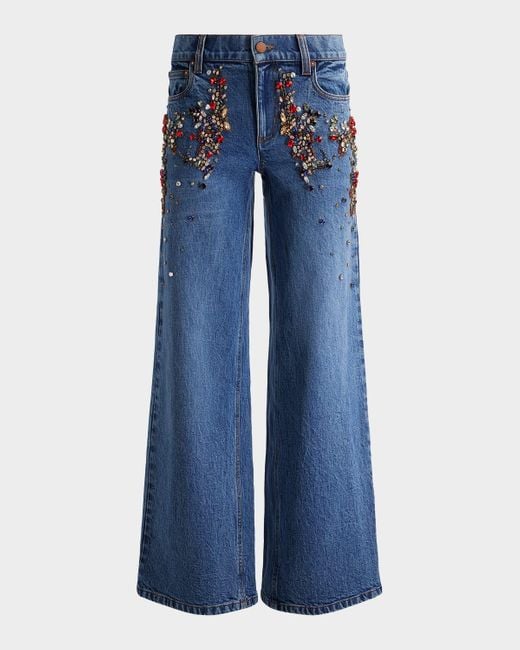 Alice + Olivia Blue Amazing Embellished Low-Rise Baggy Jeans