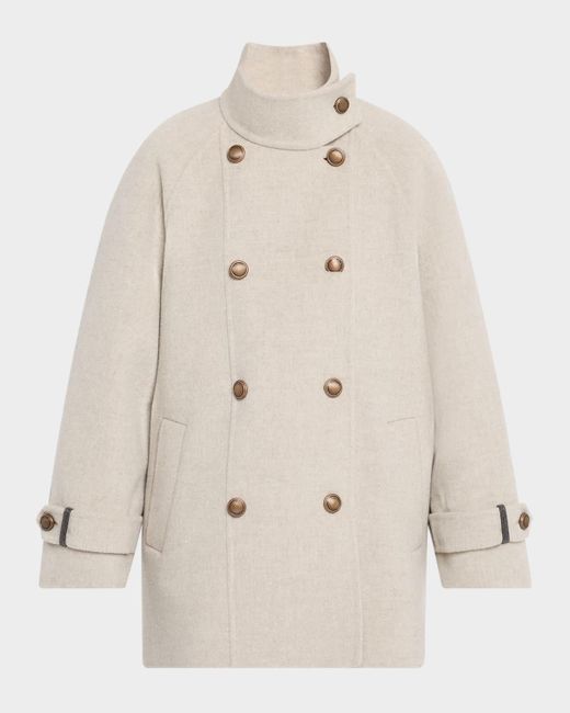 Brunello Cucinelli Natural Melton Wool-Cashmere Double-Breasted Coat