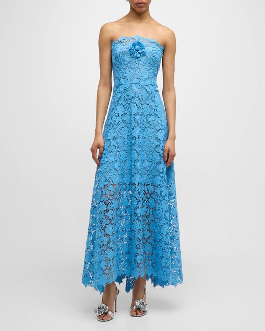 Oscar de la Renta Blue Gardenia Guipure Flower-Applique Halter Maxi Dress
