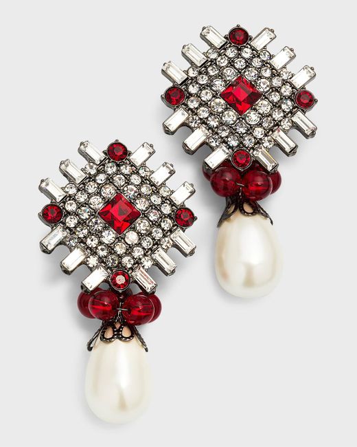 Kenneth Jay Lane White Crystal Top With Pearly Drop Clip Earrings
