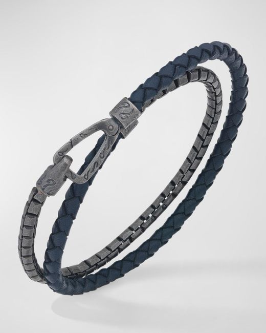 MARCO DAL MASO Blue Lash Double Wrap Leather Box Chain Combo Bracelet With Push Clasp for men