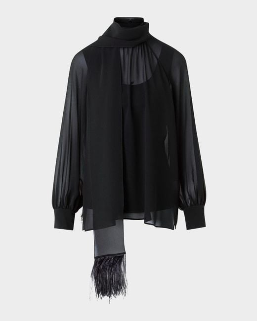 Akris Women's Black Feather-Trim Scarf Silk Georgette Blouse