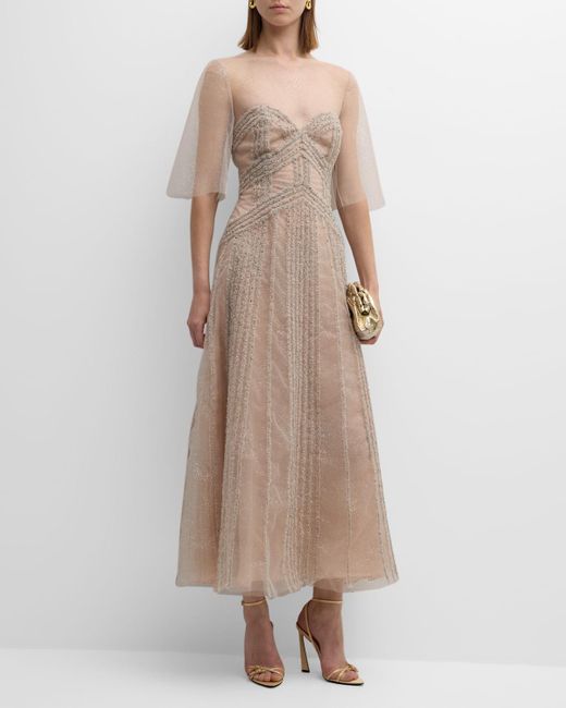 Lela Rose Natural Embroidered Short-Sleeve Glitter Tulle Illusion Midi Dress