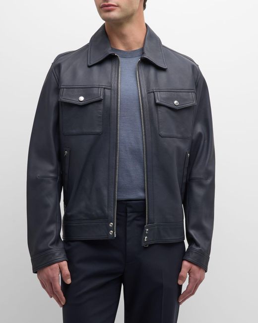Boss Blue Leather Full-Zip Jacket for men