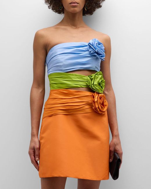 Carolina Herrera Orange Tricolor Rosette Strapless Cutout Mini Dress