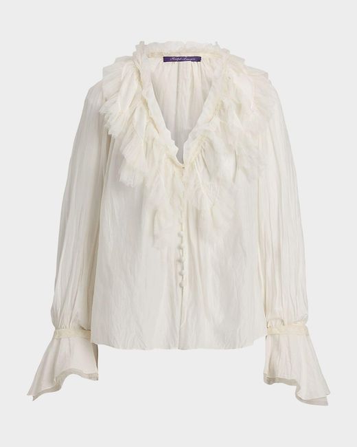 Ralph Lauren White Kensley Cotton-Silk Voile Ruffle Blouse