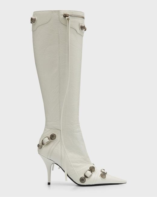 Balenciaga White Cagole Lambskin Buckle Zip Knee Boots