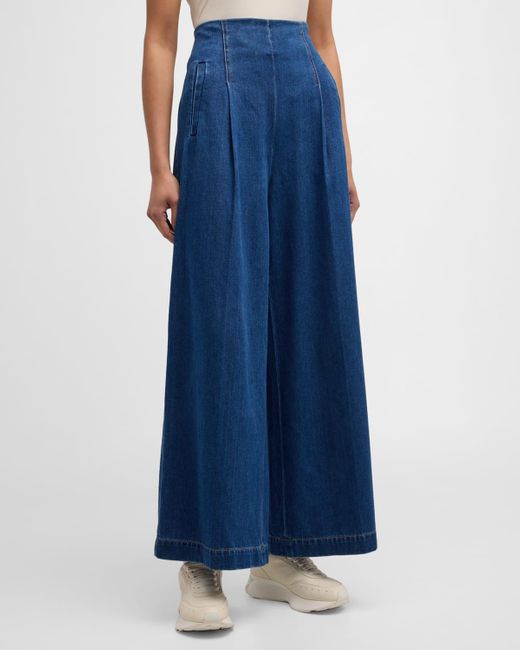 Rosetta Getty Blue High-Rise Pleated Wide-Leg Ankle Pants