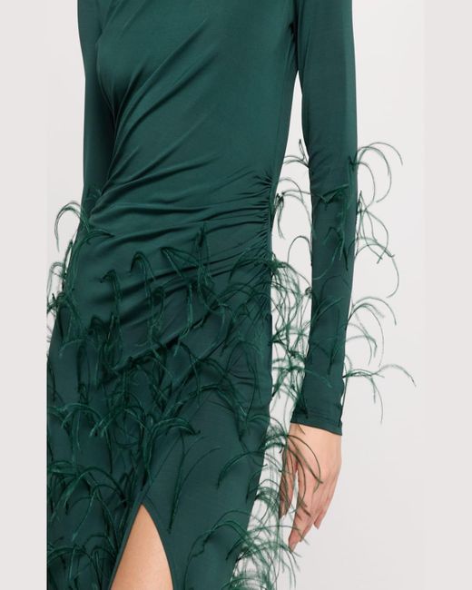 LAPOINTE Green Feather Embellished Draped Jersey Gown