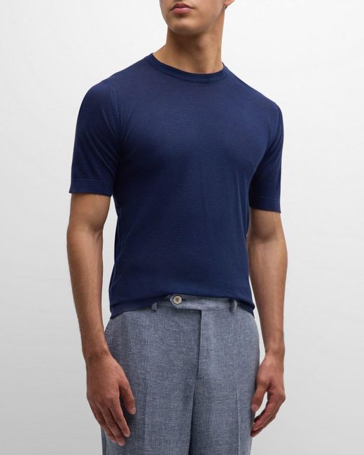 John Smedley Blue Sea Island Cotton Pique T-Shirt for men