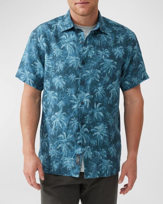 Rodd & Gunn Blue Destiny Bay Linen Palm-Print Short-Sleeve Shirt for men