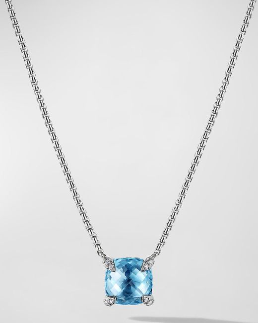 David Yurman Blue Chatelaine Cushion Pendant Necklace With Gemstone And Diamonds In Silver, 8mm, 16-18"l