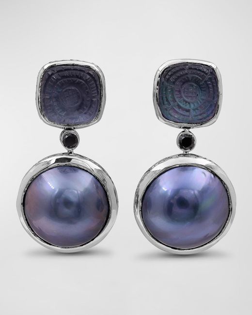 Stephen Dweck Blue Hand-carved Quartz And Mabe Pearl Earrings With Diamonds