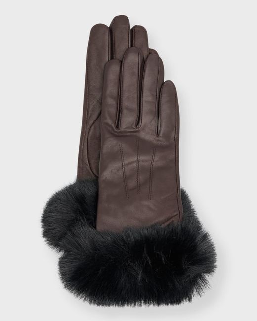 Sofiacashmere Brown Leather & Cashmere Gloves With Faux Fur Cuffs