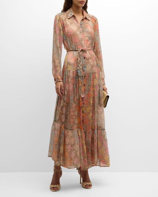 Mes Demoiselles Brown Odette Tiered Abstract-Print Maxi Shirtdress