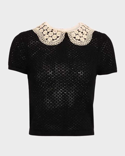Alice + Olivia Black Chase Crochet-Collar Sweater