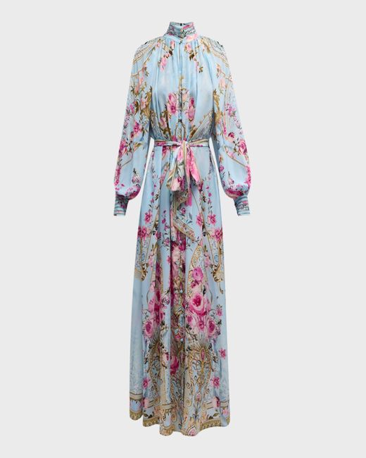 Camilla White Raglan-Sleeve Floral Silk Midi Shirtdress