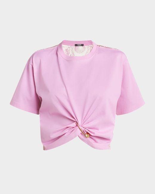 Versace Pink Safety-Pin Twisted Crop T-Shirt With Underwater Barocco Silk Twill Back
