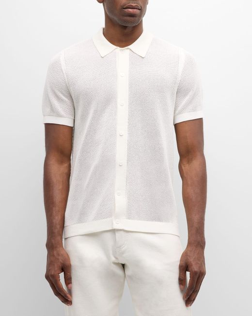 Onia White Cotton Crochet Knit Short-Sleeve Shirt for men