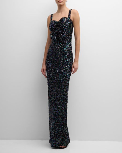 Black Halo Blue Milaya Bow-Front Sequin Sweetheart Column Gown