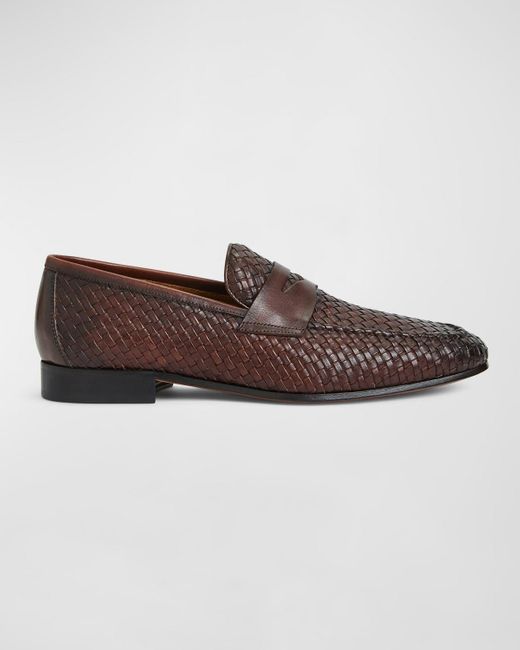 Bruno Magli Brown Manfredo Woven Leather Penny Loafers for men