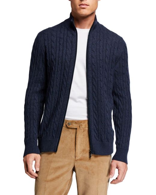 Loro Piana Blue Cable-Knit Cashmere Zip-Front Sweater for men