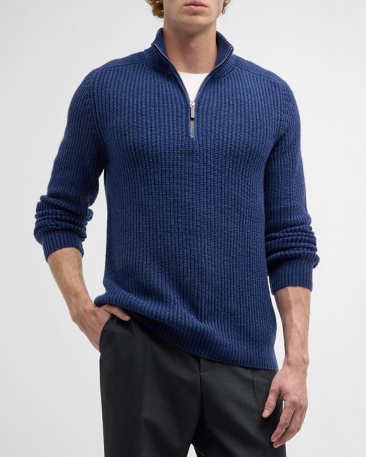 Iris Von Arnim Blue Cashmere Rib Quarter-zip Sweater for men