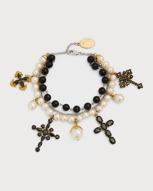 Dolce & Gabbana Natural 18k White Gold Beaded Black Jade And Freshwater Pearl Bracelet With Black Sapphire Cross