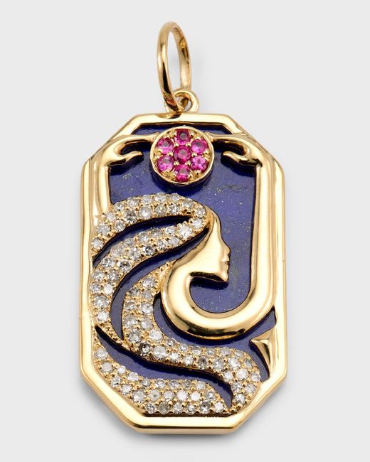 Kastel Jewelry Blue 14k Yellow Gold Moon Goddess Pendant With Lapis, Diamonds And Rubies