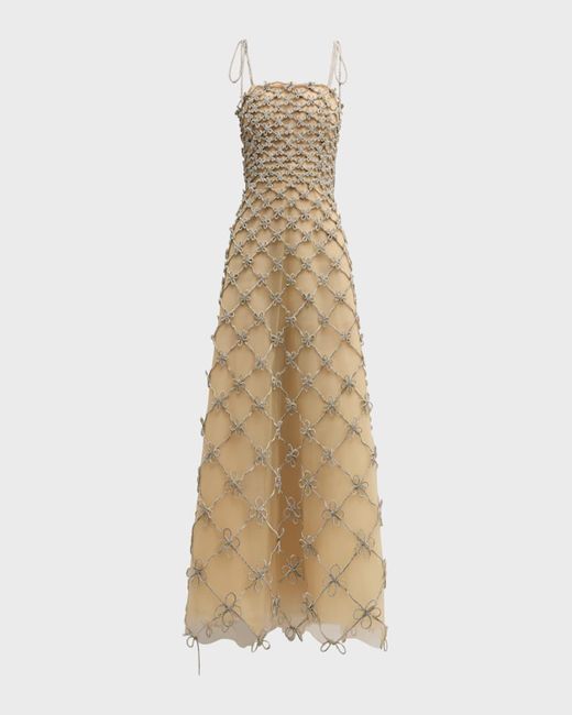 Oscar de la Renta Natural Grid And Bow Tea-Length Sleeveless Dress