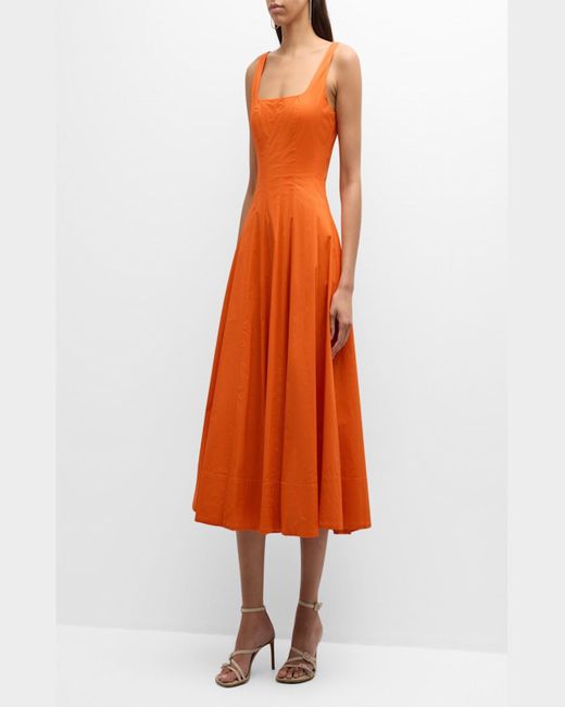 Staud Orange Wells Sleeveless Cotton Poplin Corset Midi Dress