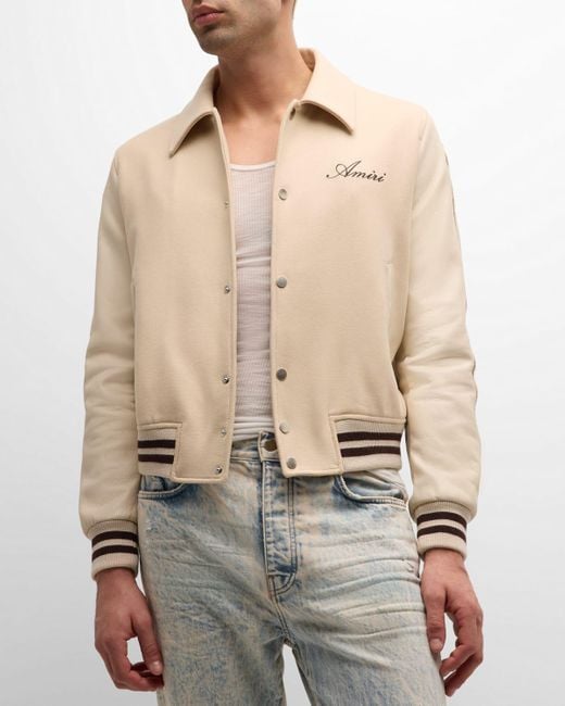 Amiri Natural Bones Embroidered Leather And Wool Logo Jacket for men