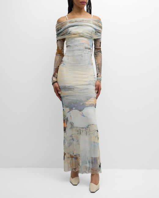 Christopher Esber Multicolor Veiled Low-Back Long-Sleeve Maxi Dress
