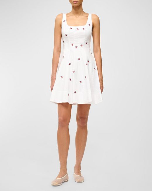 Staud White Wells Ladybug Print Cotton Poplin Sleeveless Mini Dress