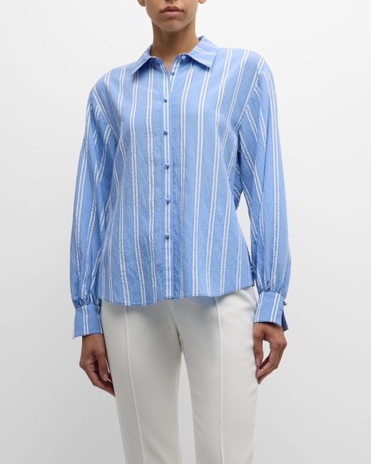 Cinq À Sept Blue Ruby Ruffled Crop Back Long-Sleeve Stripe Shirt