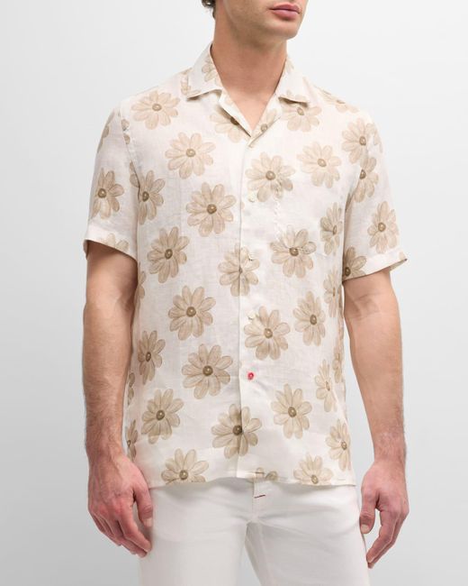 Isaia Natural Linen Floral-Print Camp Shirt for men