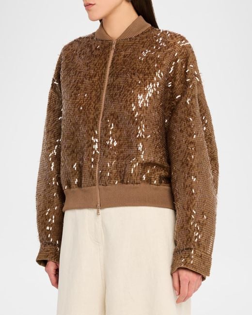 Brunello Cucinelli Brown Sequined Silk Bomber Jacket